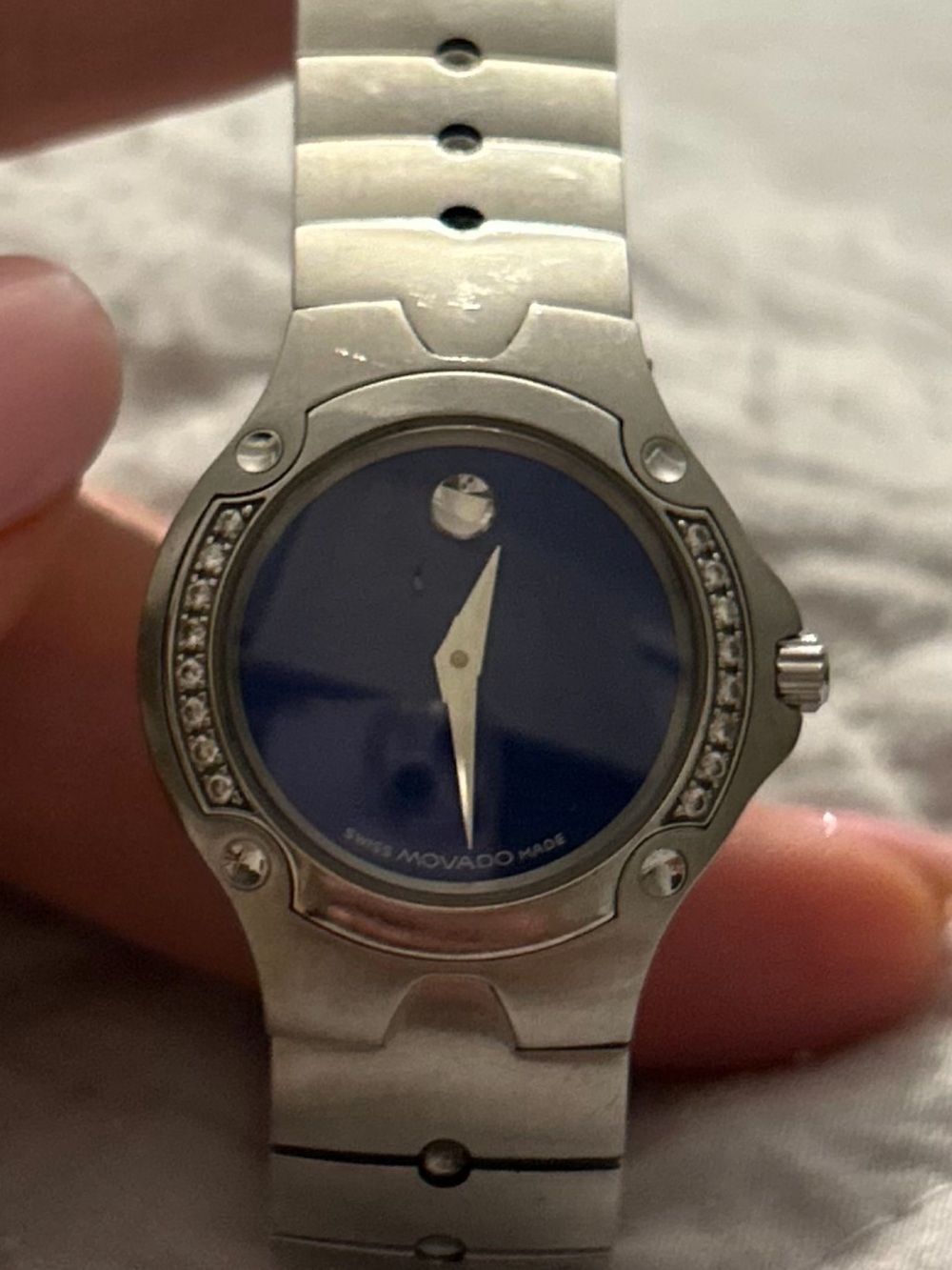 Movado Silver-Tone Watch with Deep Blue Dial and Crystal Accents